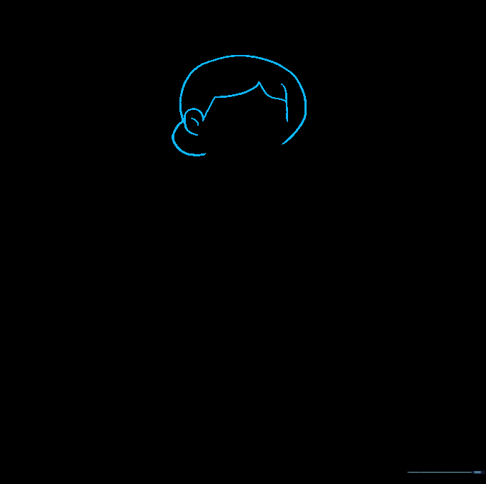Drawing the queen's hairline with a center part and a small ear on the side of the head.