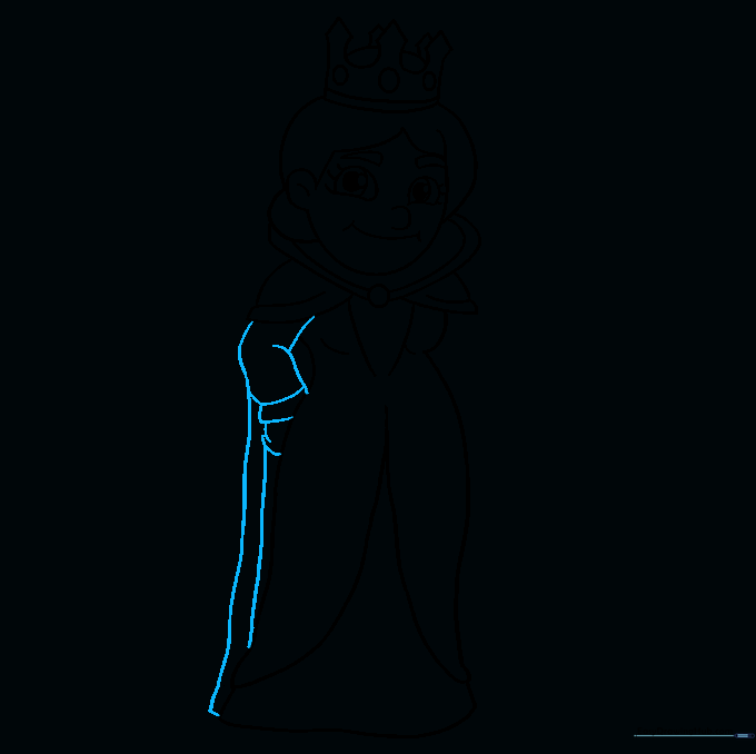 Drawing the queen's arm bent at the elbow with a cuff and hand visible.