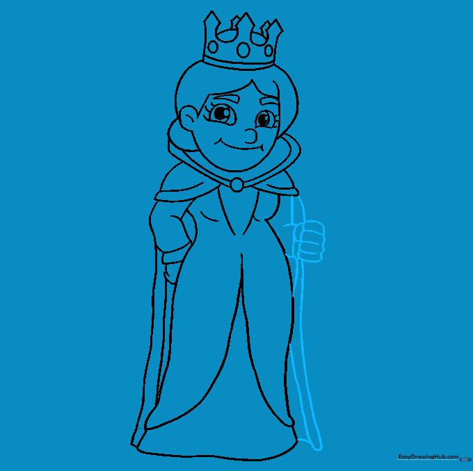 Drawing the second arm and completing the cape outline on the queen's figure.