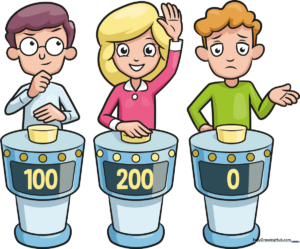 A colorful, finished illustration of a quiz game show with three contestants standing behind their podiums.