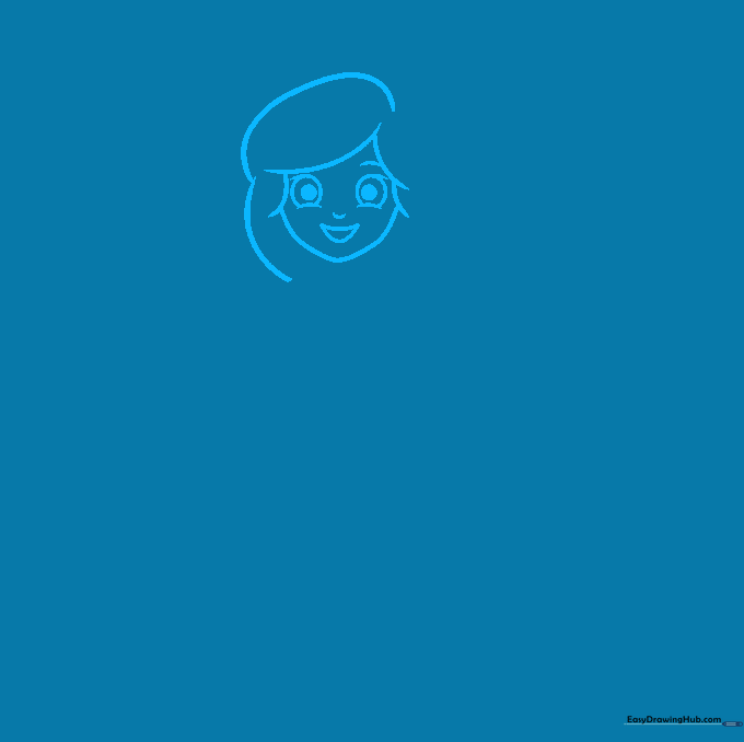 Close-up sketch of a female character's face with a friendly smile and detailed hair outline.