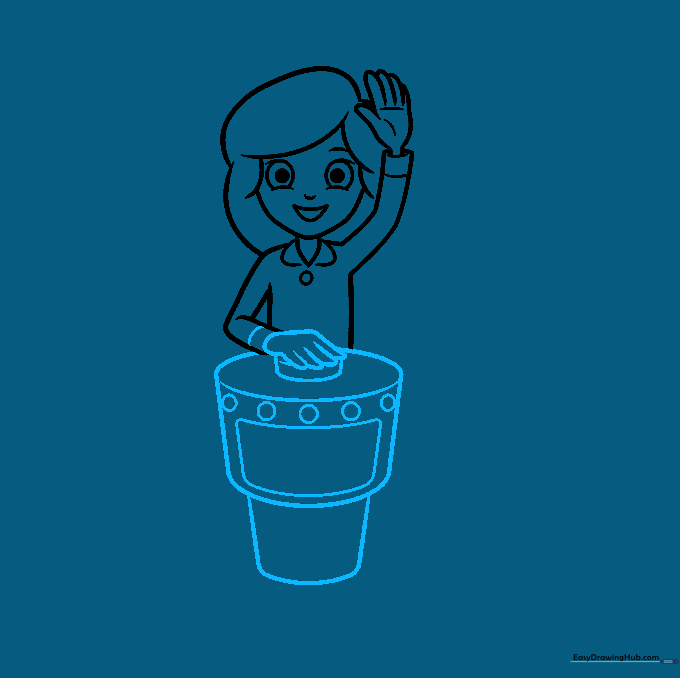 Drawing of a game show lectern with a display screen and cylindrical base.
