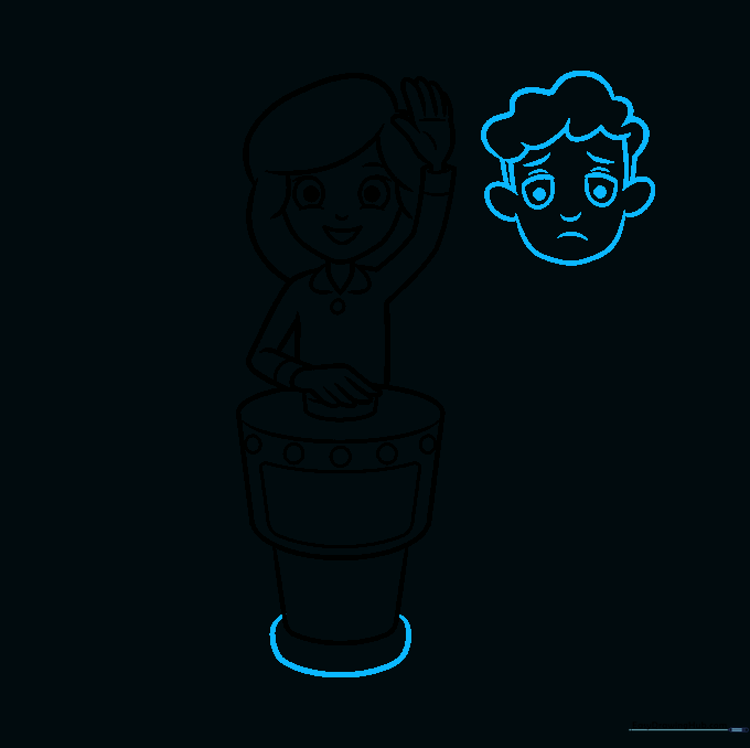 Sketch of a second male character with a thoughtful expression next to the first lectern.