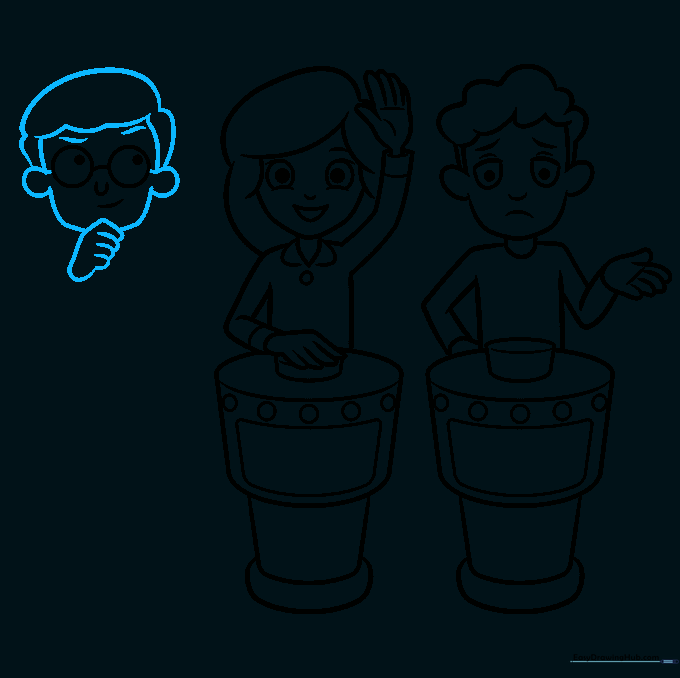 Completing the third character with a hand touching their chin in thought.