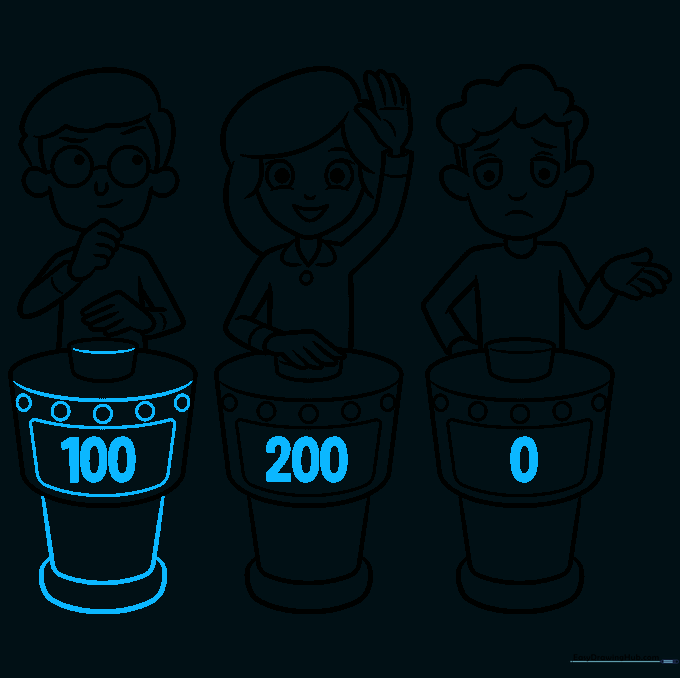 Completed drawing of the game show scene with score numbers displayed on the lecterns.