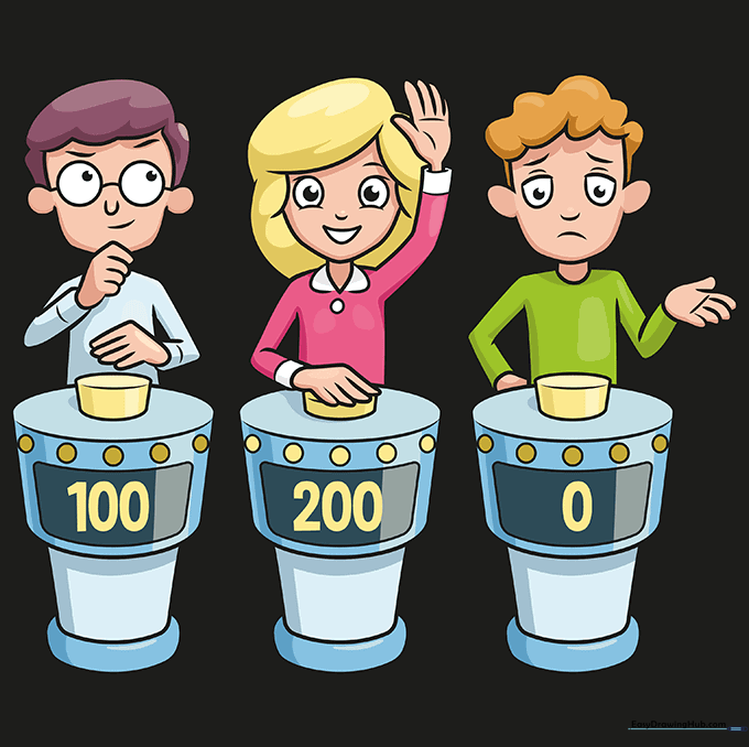 The final colored drawing of the three contestants at their game show podiums.