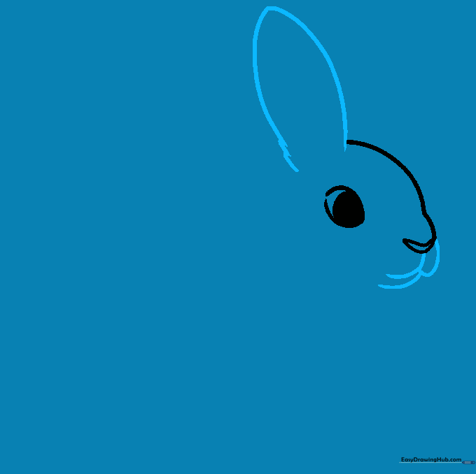 Drawing the first rabbit ear with jagged fur texture and the mouth area below the nose.