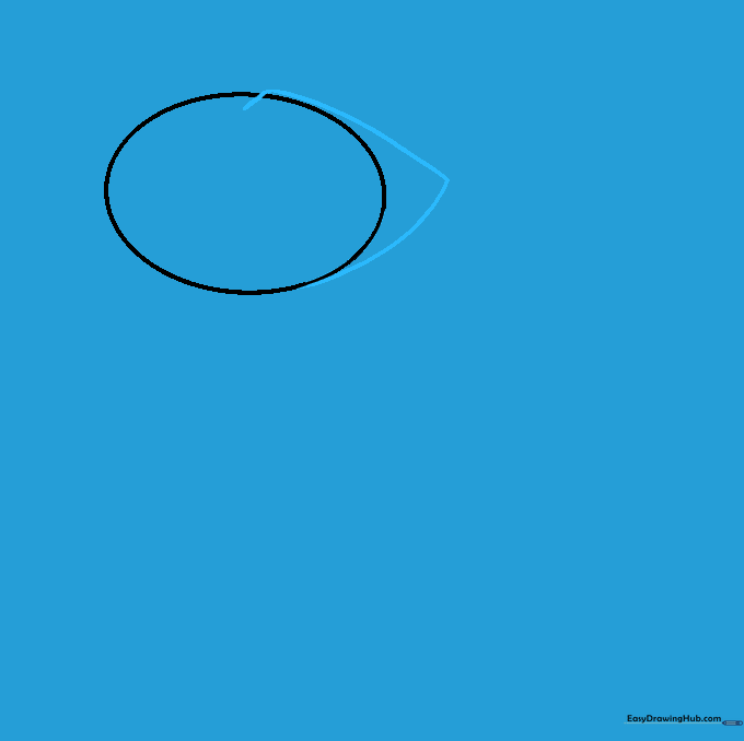 Drawing the first curved cheek line extending from the side of the head oval.