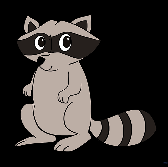The completed raccoon drawing fully colored with grey, black, and white.