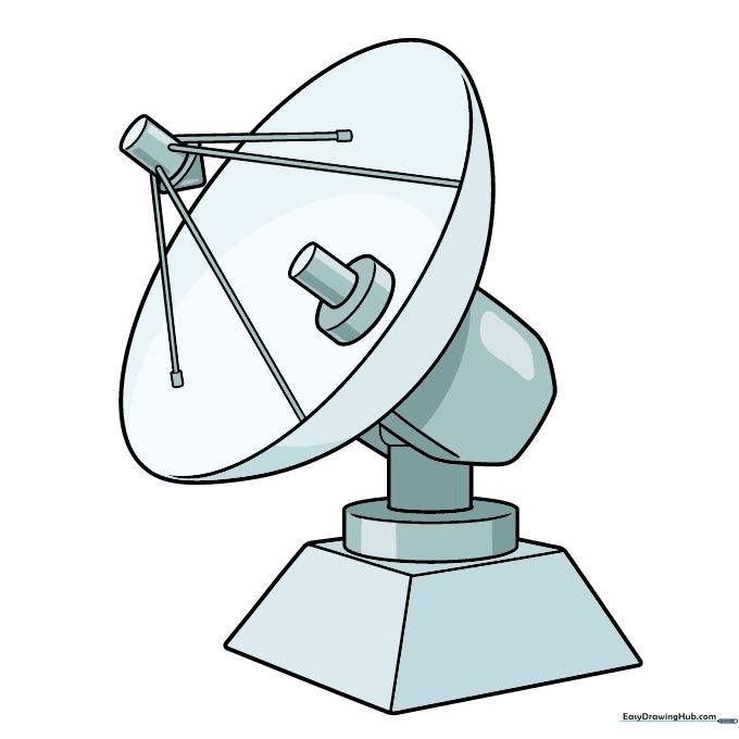 A finished, colored drawing of a radar antenna with metallic grey shading.