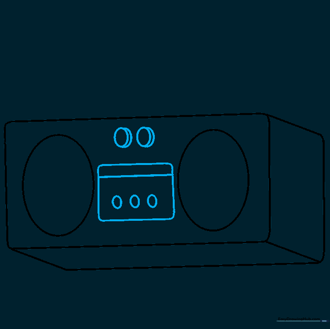 Detailed drawing of radio control knobs and a small display screen on the front panel.
