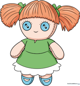 A colorful, finished rag doll drawing, showcasing a friendly character design.