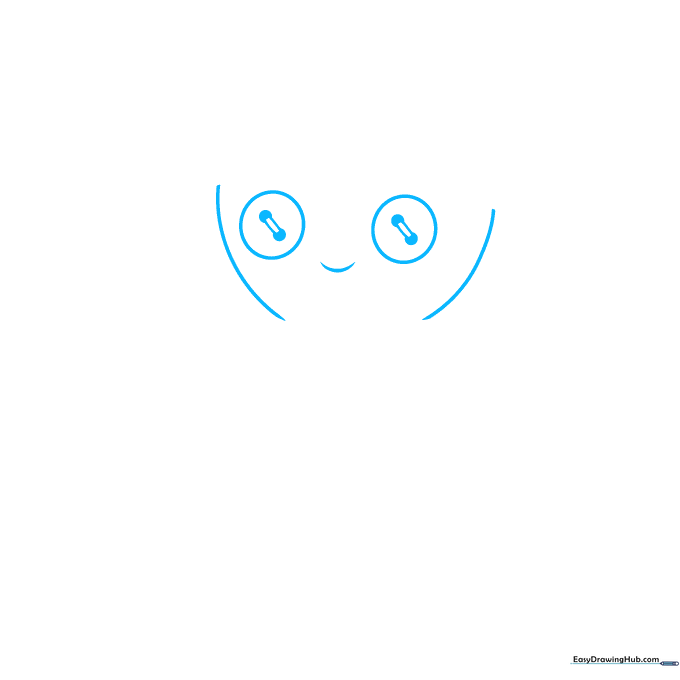 Close-up of a rag doll face sketch showing button eyes with thread details and a simple smiling mouth.