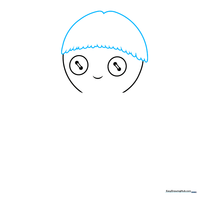 Drawing the doll's hairline using a series of connected U-shaped curves across the forehead.