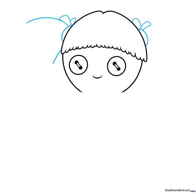 Adding hair accessories and ponytails to the rag doll sketch with defined ribbon shapes.
