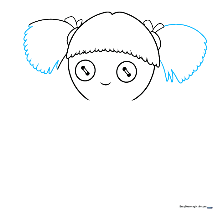 Detailing the ends of the ponytails with scalloped U-shaped lines to simulate fabric texture.