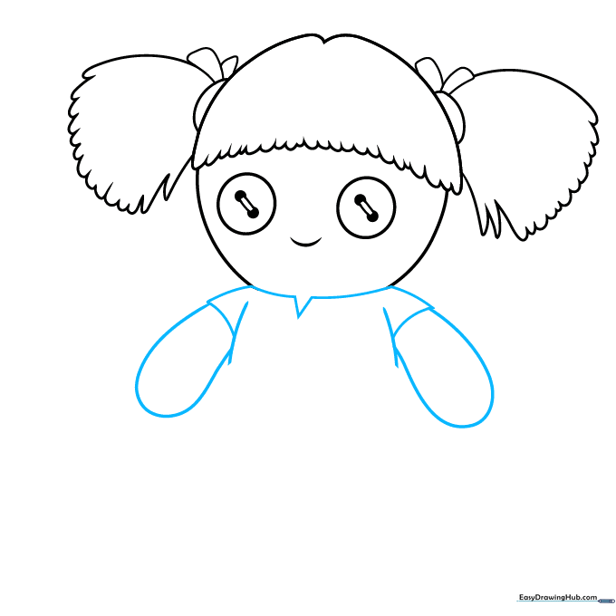 Drawing the torso and arms of the rag doll using soft, rounded shapes.