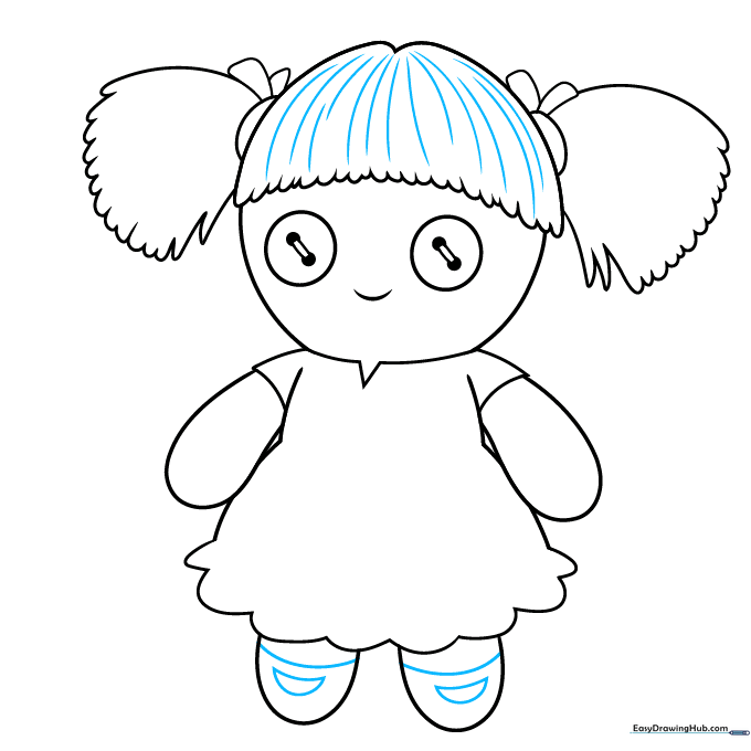 Adding hair strands and simple shoe shapes to the rag doll's feet.