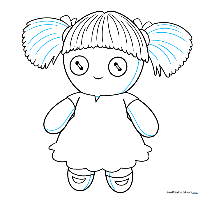 Adding seam lines to the doll's limbs and face to simulate fabric construction.