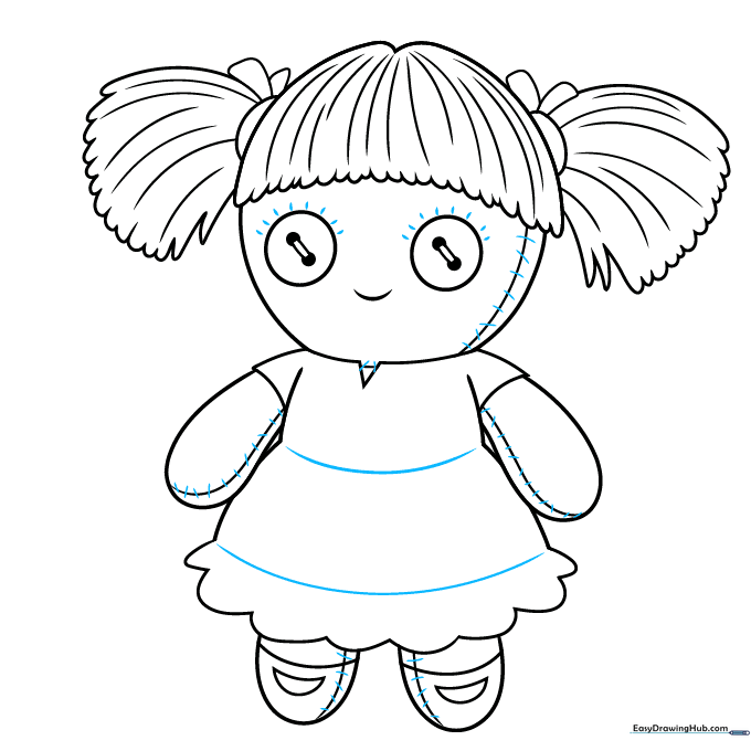 Finalizing the drawing with stitch marks along the seams and delicate eyelashes.