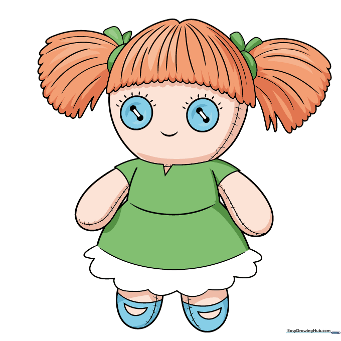 A fully colored rag doll drawing with vibrant clothing and hair.