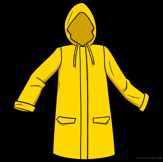 The finished rain coat drawing colored in bright yellow.