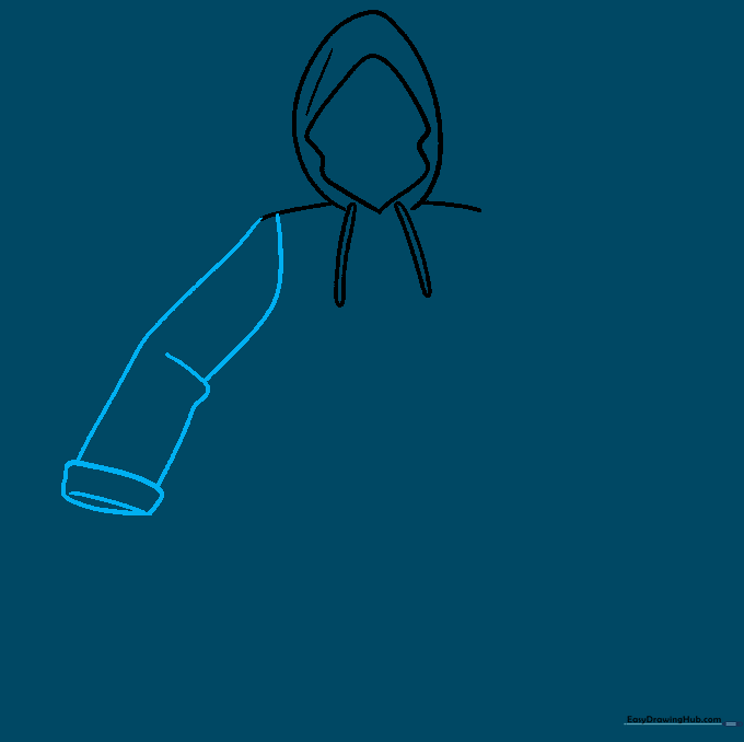 Sketching the first sleeve of the rain coat with a bent elbow and a cuff.