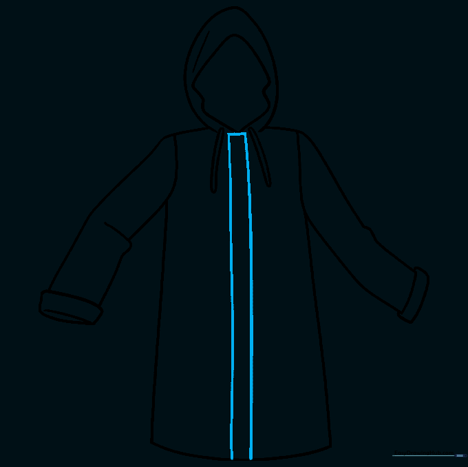 Drawing the central vertical flap that covers the zipper on the rain coat.