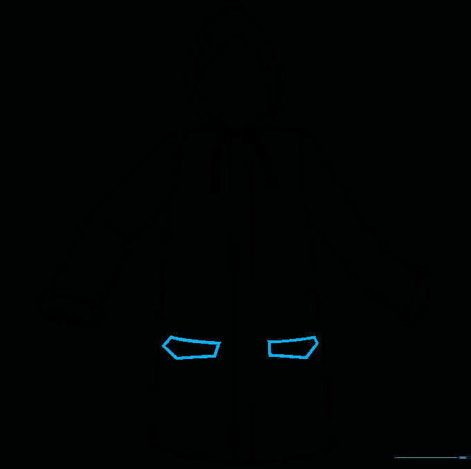 Adding two pocket shapes to the front of the rain coat drawing.