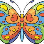 A vibrant, finished rainbow butterfly illustration displayed as a featured drawing guide.