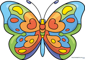 A vibrant, finished rainbow butterfly illustration displayed as a featured drawing guide.