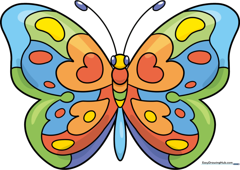 A vibrant, finished rainbow butterfly illustration displayed as a featured drawing guide.