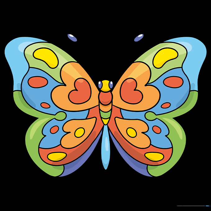 A finished, colorful rainbow butterfly drawing with vibrant wing patterns.
