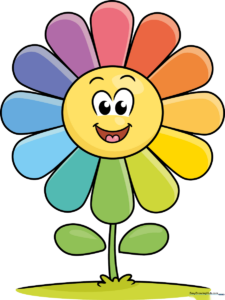 A vibrant, finished cartoon rainbow flower with a smiling face, set against a bright background.