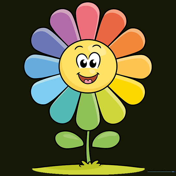 The finished, colorful rainbow flower drawing with vibrant petals.
