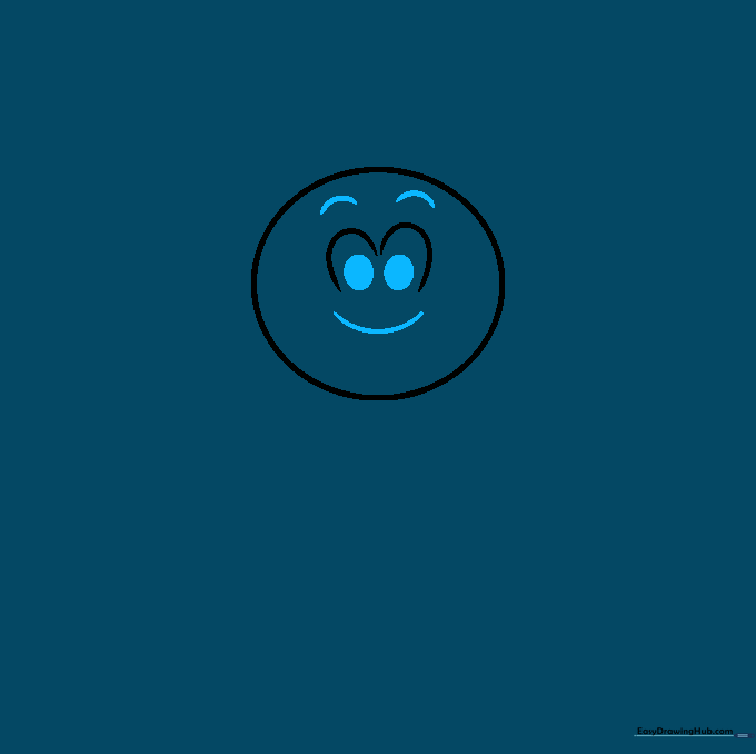Drawing of a smiling flower face with large eyes and shaded pupils.