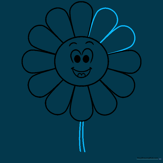 The completed flower head with a long, curved stem extending downwards.