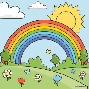 A bright, colorful, finished rainbow drawing perfect for kids to emulate.
