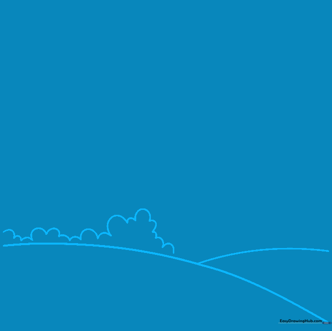 Pencil sketch of two overlapping curved lines forming rolling hills on a white background.