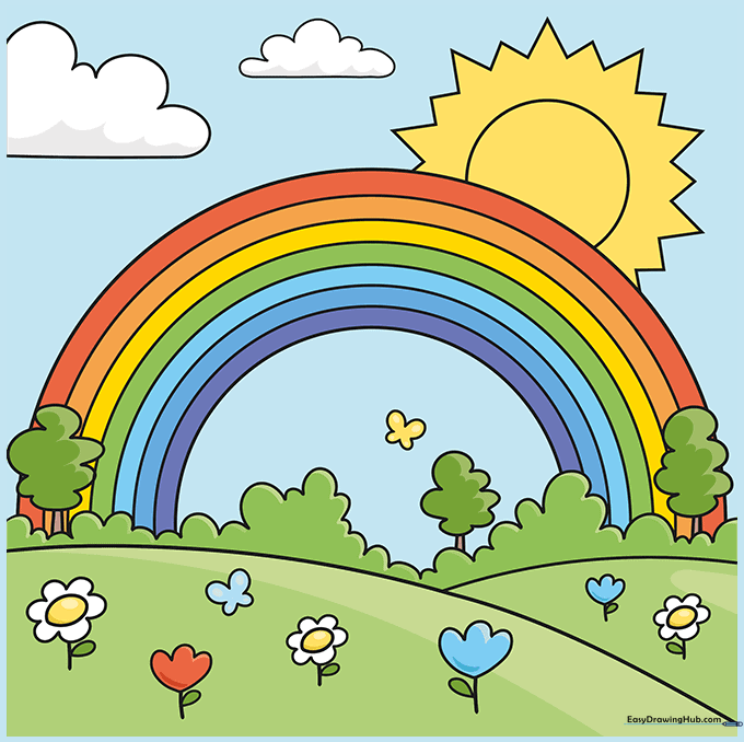 A fully colored, vibrant rainbow drawing with a sunny sky and a flower-filled meadow.