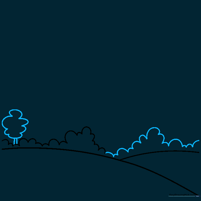 Pencil sketch showing small rounded bushes and a single tree added to the horizon line.