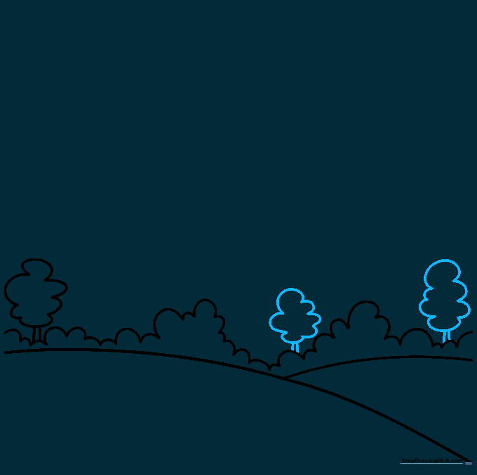 Pencil sketch of multiple trees added along the background horizon line.