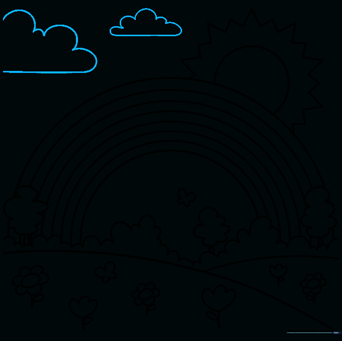 Pencil sketch showing fluffy clouds added to the sky above the rainbow.