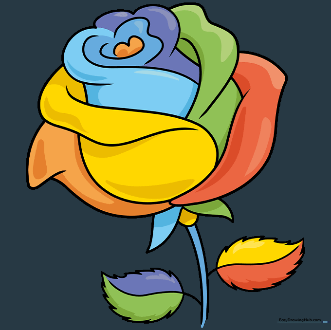 Finished, colorful rainbow rose drawing with each petal colored in a different hue.