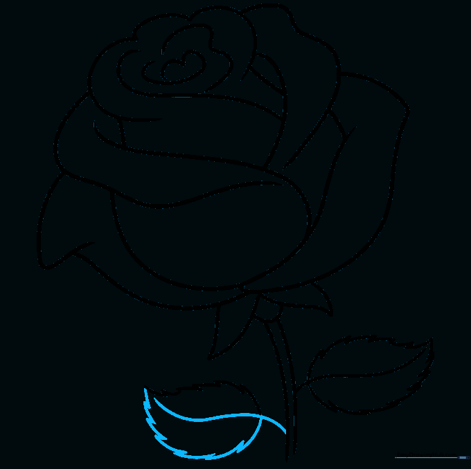 Complete line art of a rose with two leaves, ready for coloring.