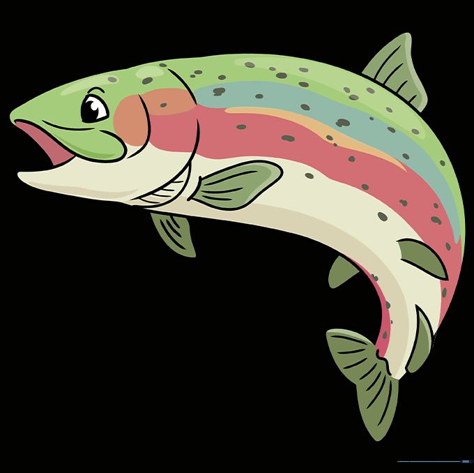 A finished, colored drawing of a rainbow trout showing its vibrant stripe and spots.