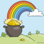 A vibrant, finished illustration of a rainbow arching over a pot of gold on a grassy hill.