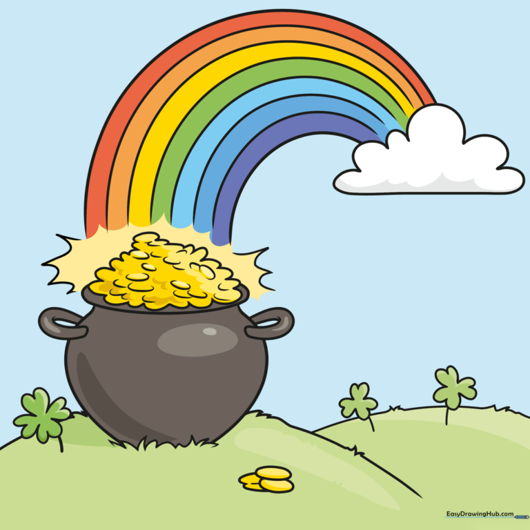 A vibrant, finished illustration of a rainbow arching over a pot of gold on a grassy hill.