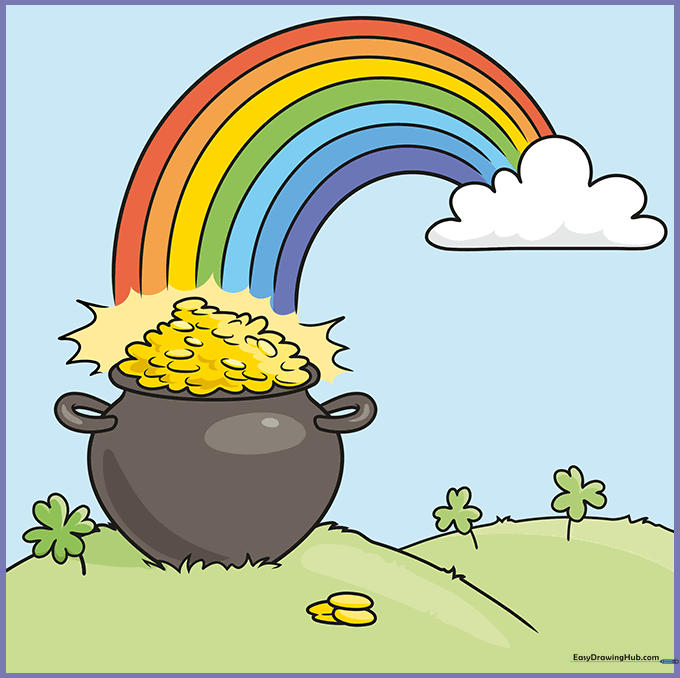 Finished, fully colored drawing of a rainbow, a pot of gold, and clovers on a grassy hill.