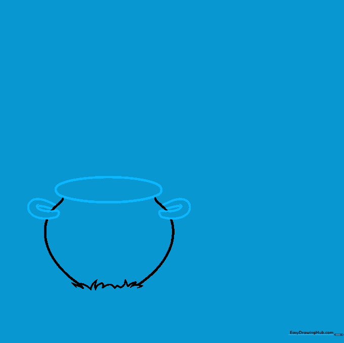 Drawing the top rim of the pot as a flat oval and adding two curved handles to the sides.